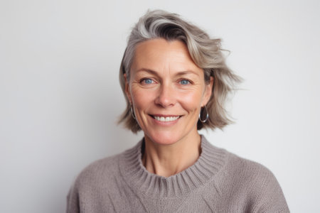 Portrait of a beautiful middle aged woman smiling at camera over white backgroundの素材
