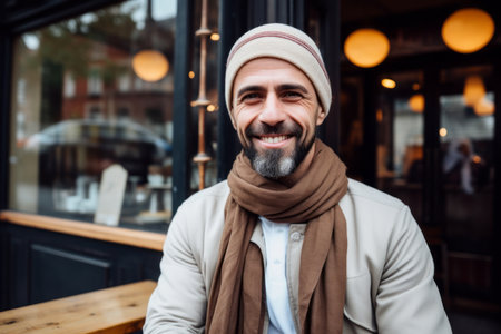 Portrait of a smiling man in a hat and scarf standing in a cafe.の素材