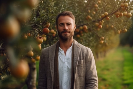 Portrait of a handsome young man in an olive orchard.の素材