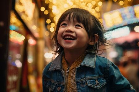 Happy asian little girl in the shopping street at night, shallow depth of fieldの素材