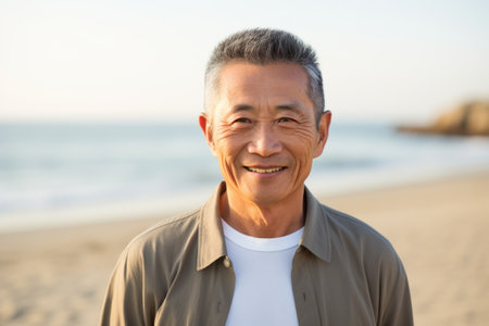 Portrait of happy asian senior man standing on the beach.の素材