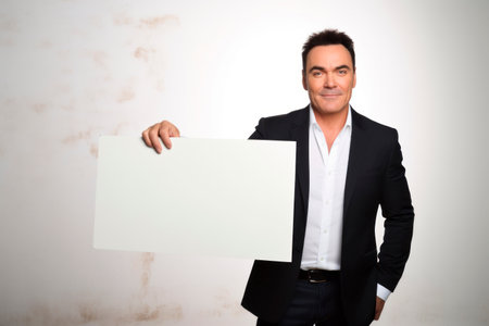 Handsome middle-aged man holding a blank white board.の素材