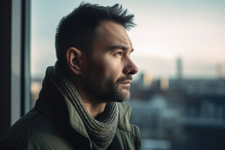 Portrait of a handsome young man in a green coat and gray scarf.の素材