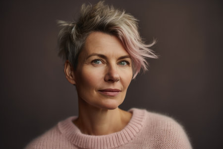 Portrait of a beautiful middle-aged woman with short pink hair.の素材