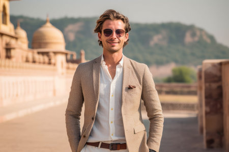 Portrait of a handsome young man with sunglasses at the Taj Mahal in Agra, Indiaの素材