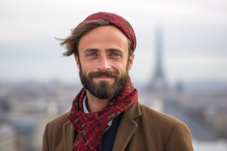 Portrait of a handsome young man with hat and scarf in Parisの素材