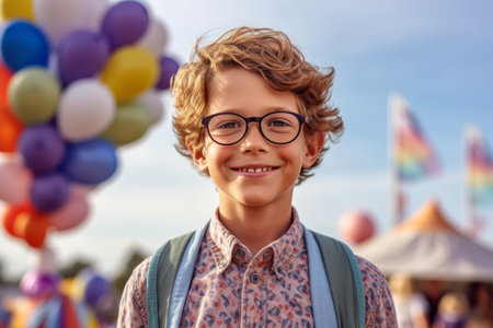 Portrait of a cute little boy with colorful balloons in the parkの素材
