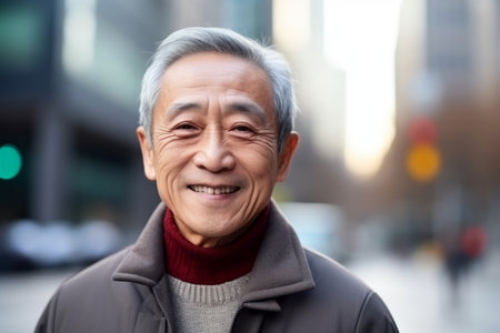Portrait of happy asian senior man in the city at nightの素材