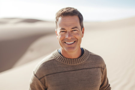 smiling middle aged man in beige sweater sitting on sand duneの素材