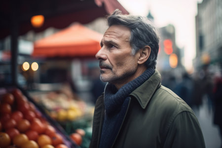 Portrait of a middle-aged man with gray hair and beard looking away while standing in front of a market stallの素材