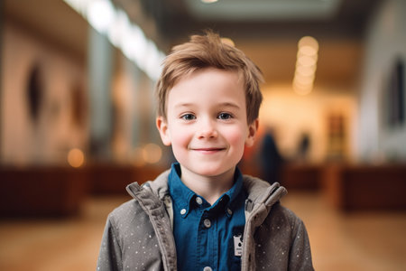 Portrait of a smiling little boy in the hall of the museumの素材