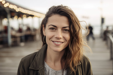 Portrait of a beautiful young woman smiling at the camera while standing on the pier.の素材