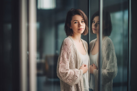 Beautiful young woman standing near the window in the office and looking at the cameraの素材