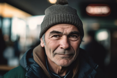 Portrait of an elderly man in the city. Selective focus.の素材