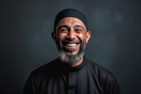 Portrait of a happy muslim man with a beard in a black t-shirt on a dark backgroundの素材