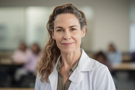 Portrait of smiling female doctor standing in conference room with colleagues in backgroundの素材