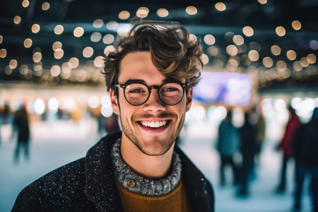 Smiling handsome young man in eyeglasses looking at camera in shopping mallの素材