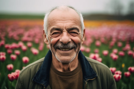 Portrait of an elderly man in a field of tulips.の素材