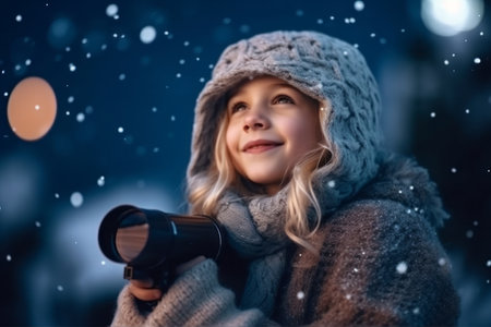 holidays, winter, christmas and people concept - close up of smiling little girl in warm clothes with thermos outdoorsの素材