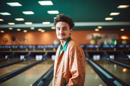 Portrait of a young man standing in bowling alley at the clubの素材