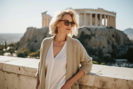 Fashionable blonde woman in sunglasses on the background of the Acropolis in Athens, Greeceの素材