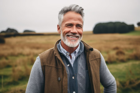 Cheerful senior man looking at camera while standing in field on a sunny dayの素材