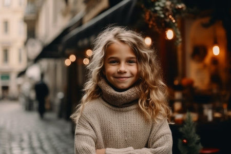 Cute little girl with blonde curly hair in warm knitted sweater and scarf on Christmas street.の素材