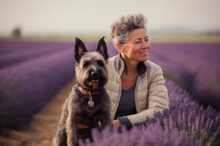 Mature woman in lavender field with her dog, shallow depth of fieldの素材