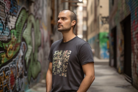 Portrait of a handsome young man with short hair in urban contextの素材