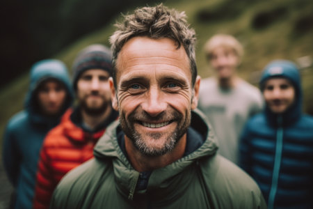 Portrait of smiling man standing with group of friends on mountain trailの素材