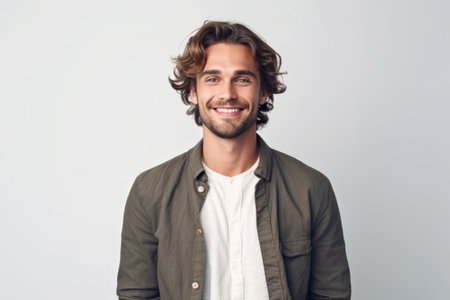 Portrait of a handsome young man smiling and looking at camera over white backgroundの素材