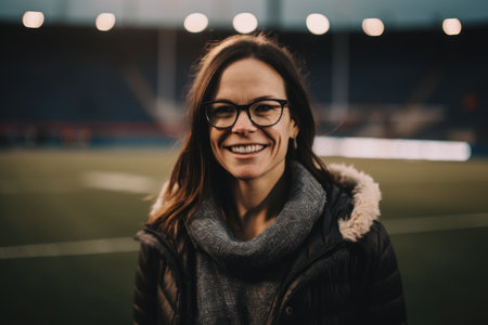 Portrait of a beautiful young woman in glasses on the sports fieldの素材