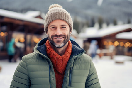 Portrait of handsome man in warm clothes and hat on the background of the Christmas market.の素材