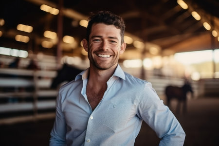 Portrait of handsome man smiling at camera while standing in horse stableの素材