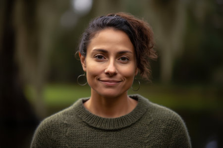 Close up portrait of a young woman smiling at the camera in a parkの素材