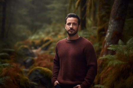 Portrait of a handsome man in a red sweater standing in the forestの素材