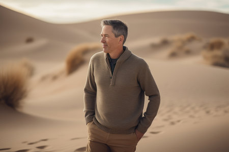 Handsome middle-aged man in the middle of the desertの素材