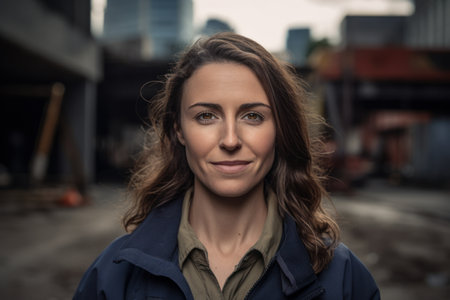 Portrait of a beautiful woman with long brown hair in the cityの素材