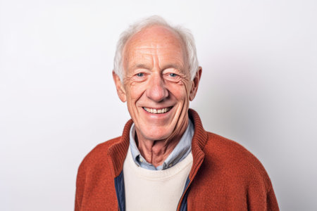 Portrait of a smiling senior man in a red sweater on a white backgroundの素材