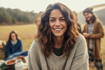 Beautiful young woman with long curly hair is smiling and looking at camera while sitting on the ground with friends on backgroundの素材