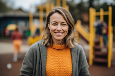 Portrait of a smiling woman in an orange sweater on the playgroundの素材