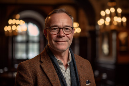Portrait of a handsome mature man with glasses in a pub.の素材
