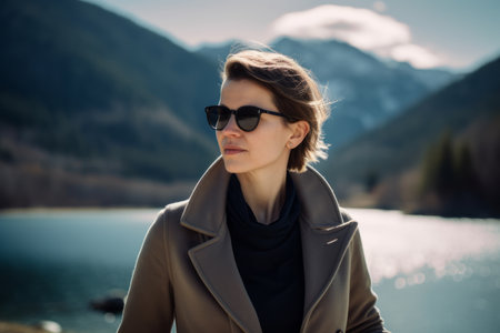 Portrait of a beautiful young woman in coat and sunglasses on the background of mountains.の素材