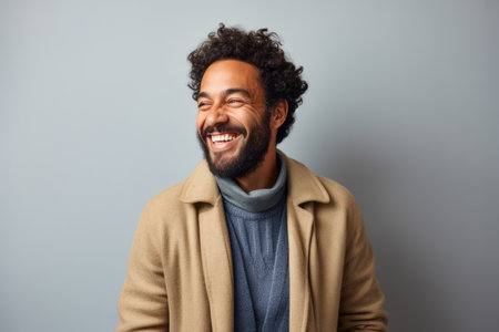 happy african american man in beige coat over gray backgroundの素材