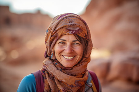 Portrait of a beautiful middle aged woman wearing a headscarf in the desertの素材