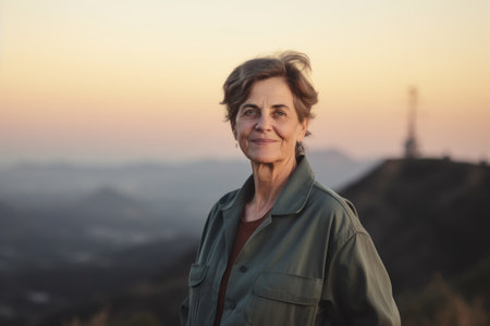 Portrait of a smiling senior woman on the top of a mountainの素材