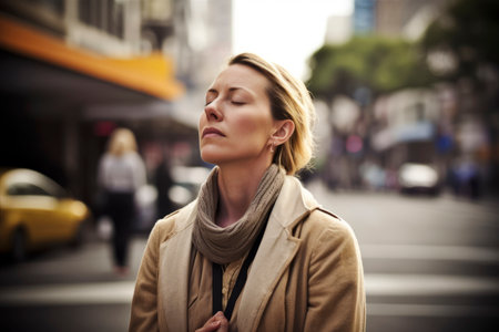 Portrait of a beautiful young woman in the city, looking awayの素材