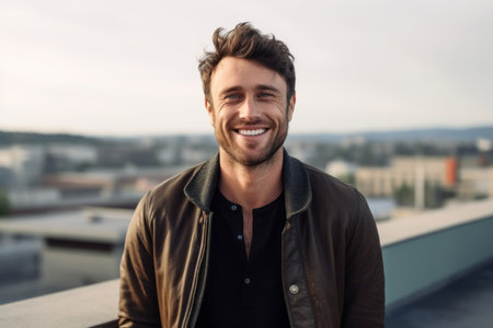 Portrait of a handsome young man smiling at the camera while standing outdoorsの素材