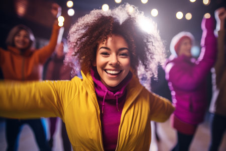 Portrait of smiling young woman taking selfie with friends at disco clubの素材