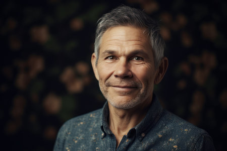 Portrait of a smiling senior man on a dark background. Toned.の素材